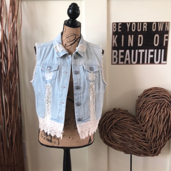 hippie laundry Jackets & Blazers - Nwot Hippie Laundry distressed denim & lace vest